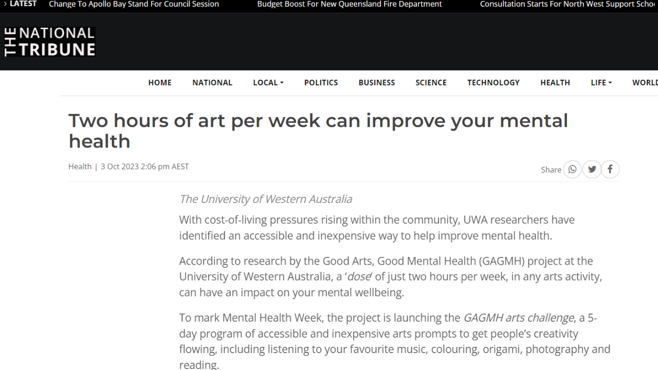 a snippet of a news article titled "Two hours of art per week can improve mental health"