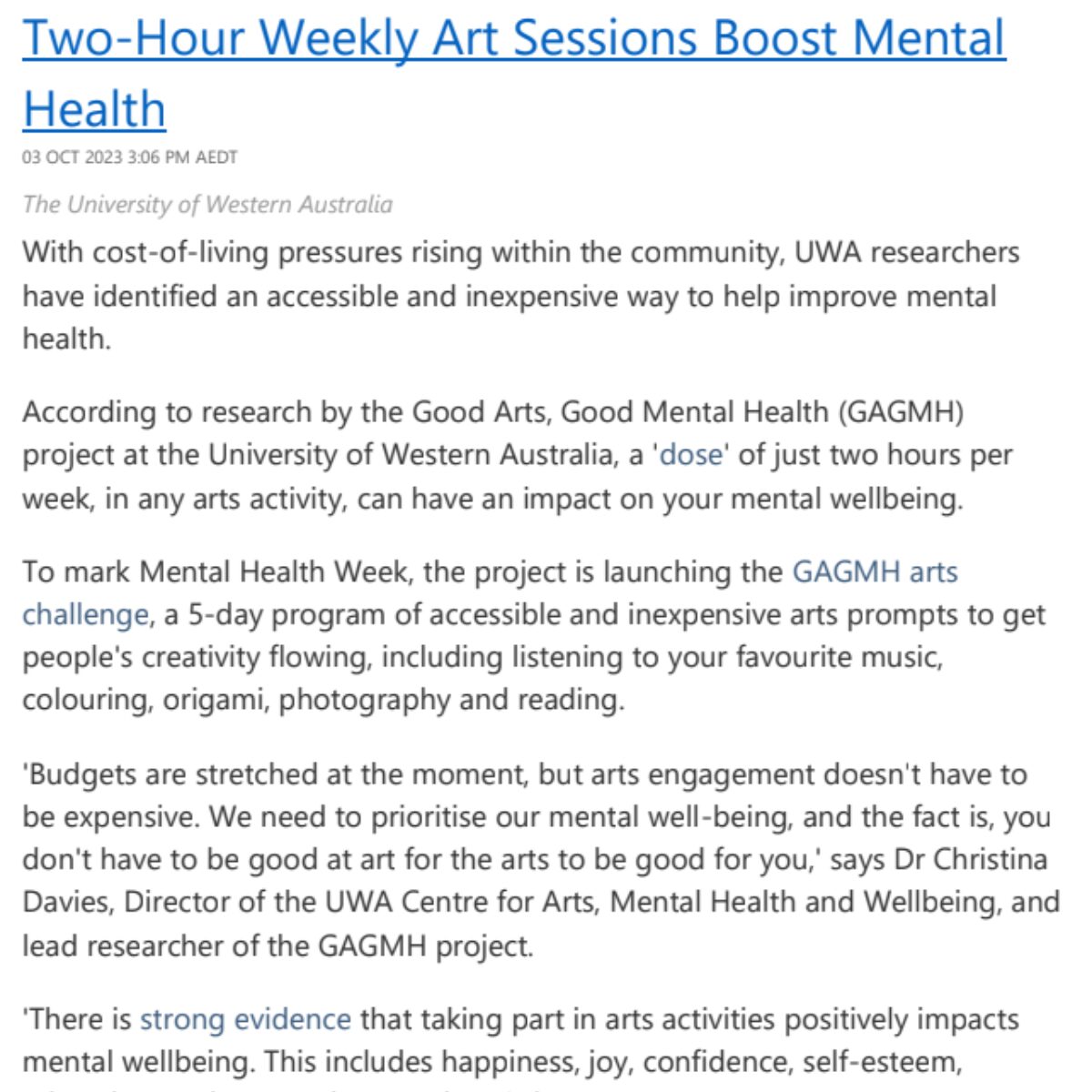 a snippet of a news article titled "Two-hour weekly art sessions boost mental health"