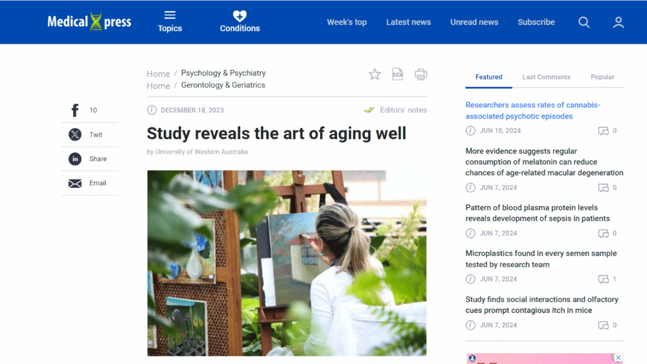 a snippet of a news article titled "Study reveals the art of aging well"