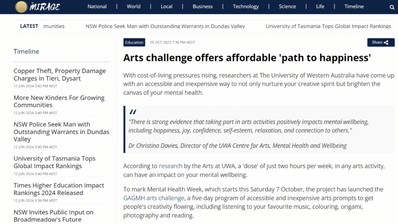 a snippet of a news article titled " Arts challenge offers affordable 'path to happiness'"