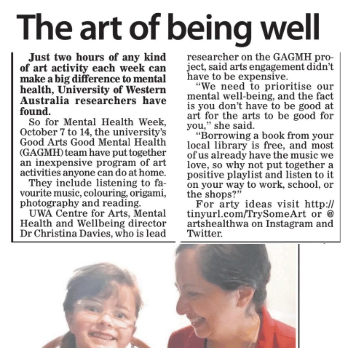 a snippet of a news article titled "the art of being well"