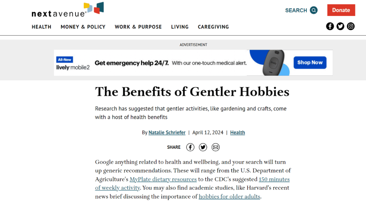 a snippet of a news article titled "the benefits of gentler hobbies"