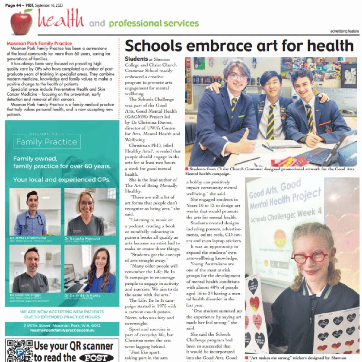 a snippet of a news article titled "school embrace art for health"