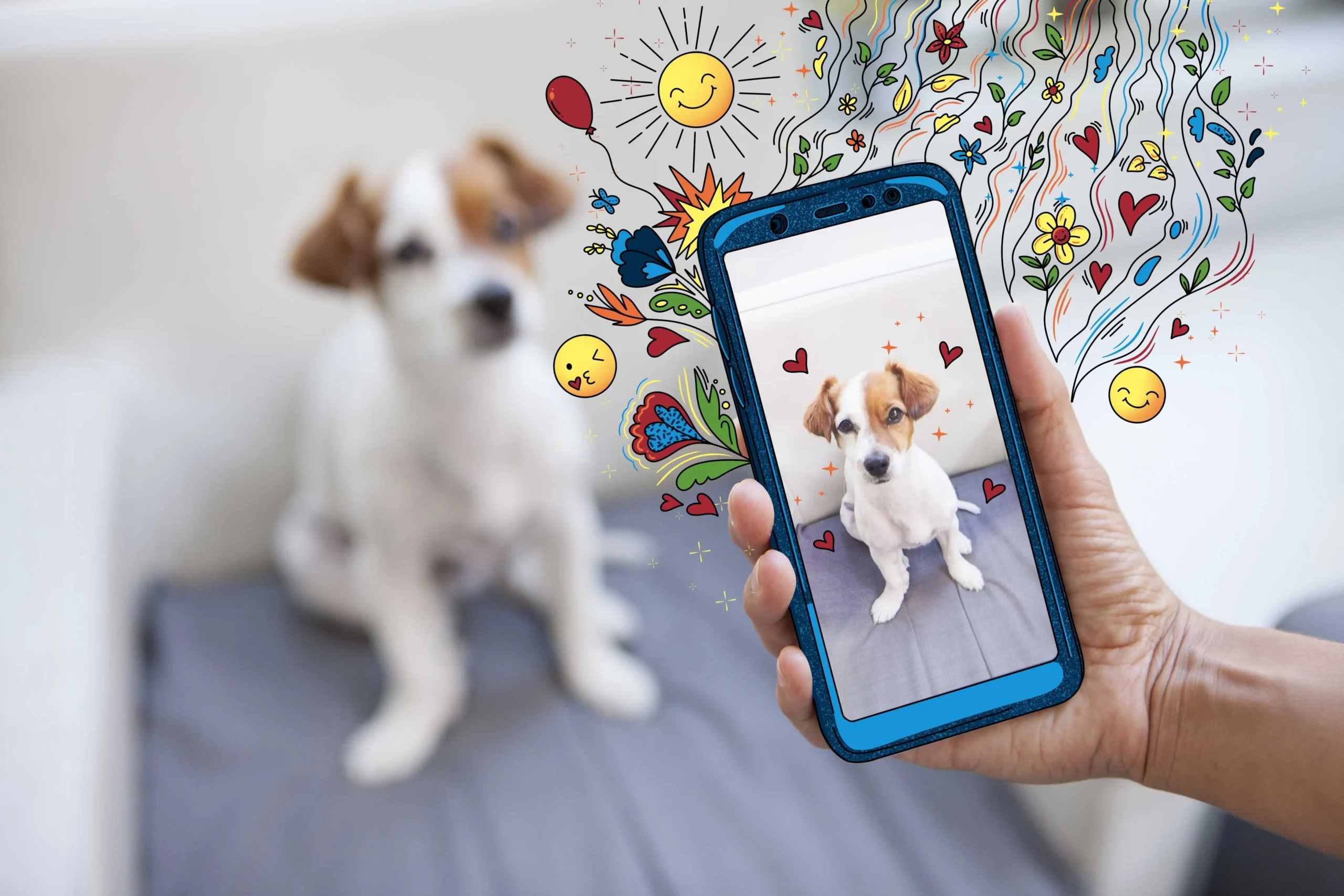 An image of a smartphone taking a picture of a dog that will be a happy memory