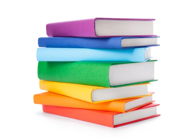 a stack of rainbow coloured books